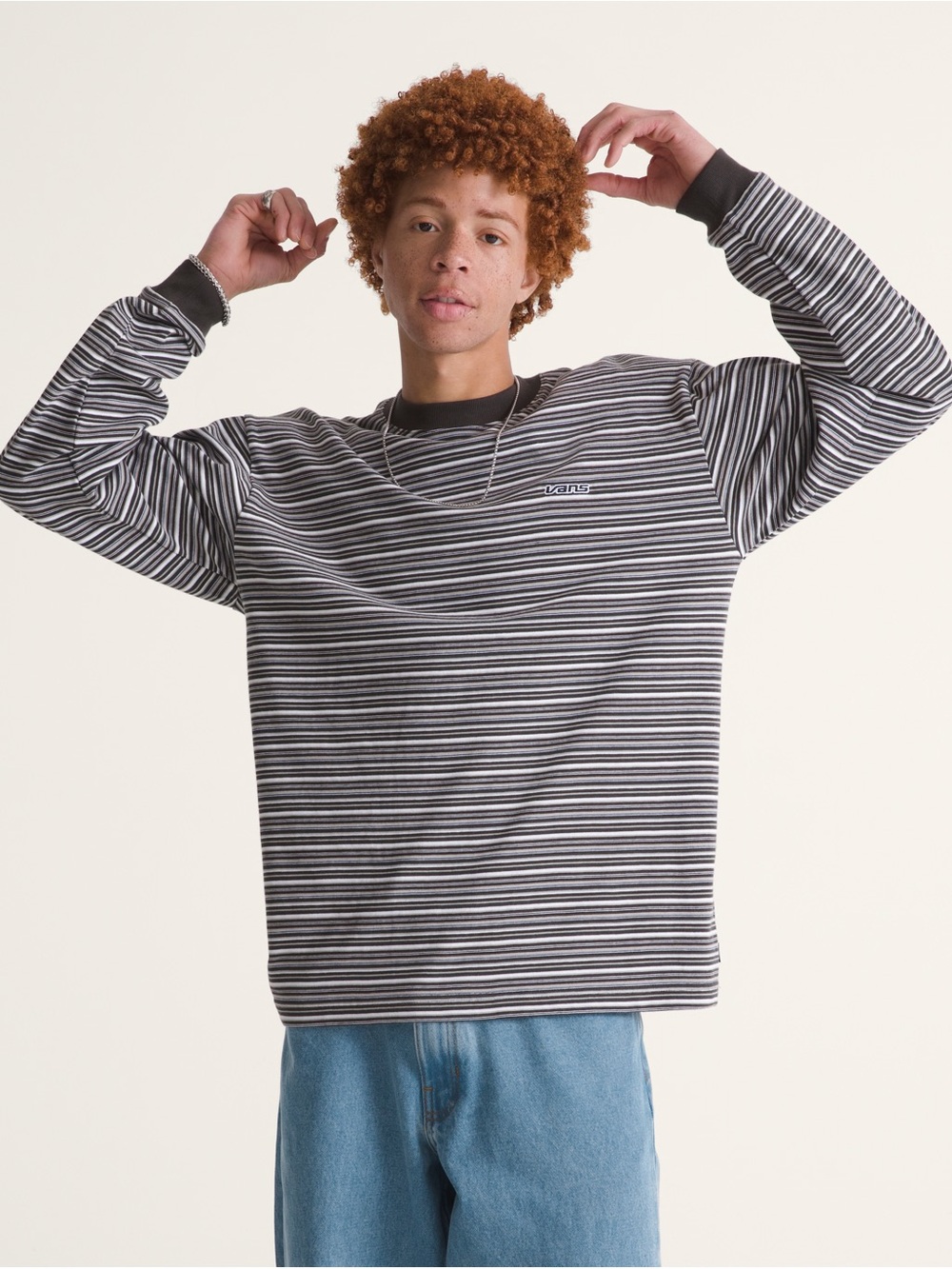 Vans Wesley Stripe Long Sleeve Shirt Black Grey White XL NWT